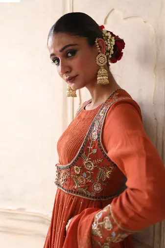 Serene Anarkali Set in Brick Rust with Thread Aari Handwork