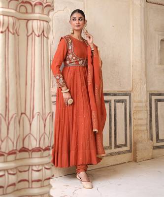 Serene Anarkali Set in Brick Rust with Thread Aari Handwork 5