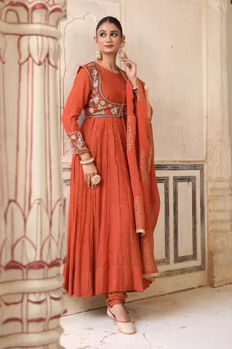Serene Anarkali Set in Brick Rust with Thread Aari Handwork