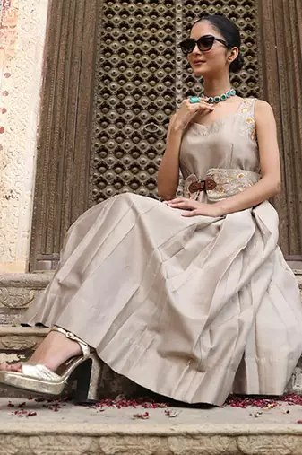AD Dress in Ash Color with Hand Pitta Work & Belt