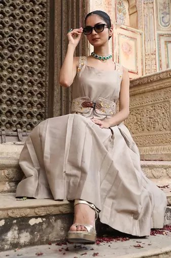 AD Dress in Ash Color with Hand Pitta Work & Belt