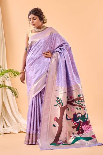 Lavender Paithani style silk Bland zari weaving border & Pallu Saree with Blouse