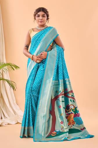 Sky Paithani style silk Bland zari weaving border & Pallu Saree with Blouse