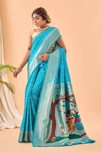 Sky Paithani style silk Bland zari weaving border & Pallu Saree with Blouse