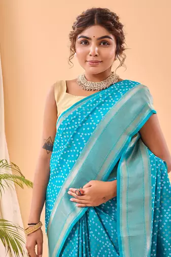 Sky Paithani style silk Bland zari weaving border & Pallu Saree with Blouse