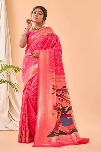 Pink Paithani style silk Bland zari weaving border & Pallu Saree with Blouse