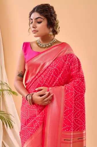 Pink Paithani style silk Bland zari weaving border & Pallu Saree with Blouse