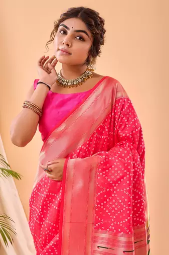 Pink Paithani style silk Bland zari weaving border & Pallu Saree with Blouse