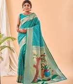 Rama Paithani style silk Bland zari weaving border & Pallu Saree with Blouse