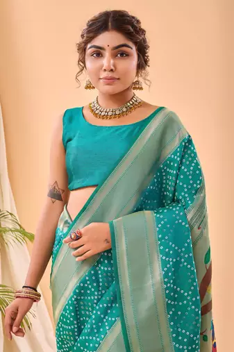 Rama Paithani style silk Bland zari weaving border & Pallu Saree with Blouse