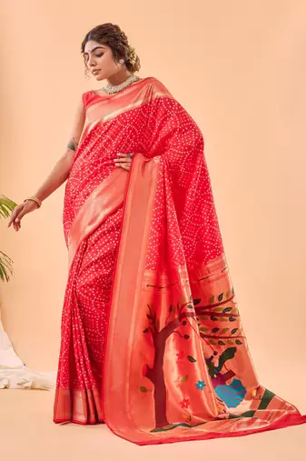 Red Paithani style silk Bland zari weaving border & Pallu Saree with Blouse