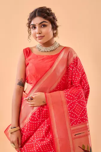 Red Paithani style silk Bland zari weaving border & Pallu Saree with Blouse