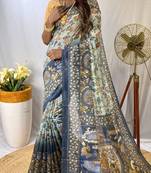 Sky Blue Kalamkari Print style cotton Bland Treaditional Pallu saree with Blouse