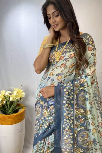 Sky Blue Kalamkari Print style cotton Bland Treaditional Pallu saree with Blouse