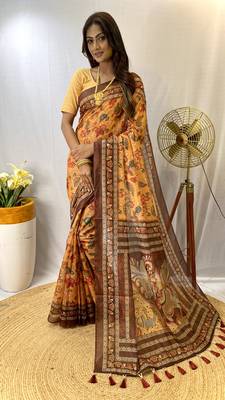 Yellow Kalamkari Print style cotton Bland Treaditional Pallu saree with Blouse 1
