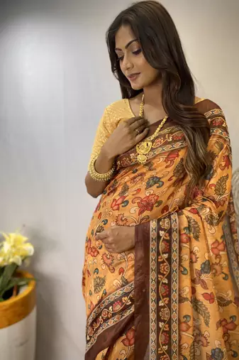 Yellow Kalamkari Print style cotton Bland Treaditional Pallu saree with Blouse