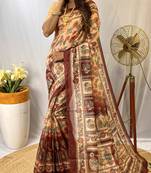 Cream Kalamkari Print style cotton Bland Treaditional Pallu saree with Blouse