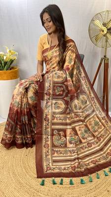 Cream Kalamkari Print style cotton Bland Treaditional Pallu saree with Blouse 3