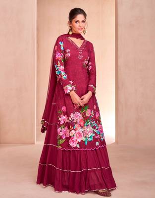 Wine muslin embroidered sequins suit festive wear, bottom attached on top. 1