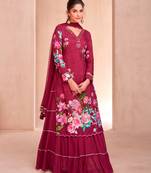 Wine muslin embroidered sequins suit festive wear, bottom attached on top.