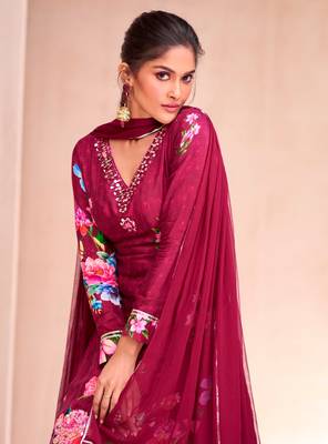 Wine muslin embroidered sequins suit festive wear, bottom attached on top. 2