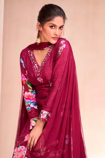 Wine muslin embroidered sequins suit festive wear, bottom attached on top.