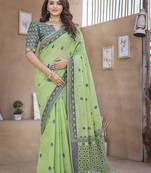 Green handloom cotton silk saree with satin weaving border and contrast blouse