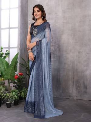Blue designer zari weave ready to wear saree with contrast blouse piece 2