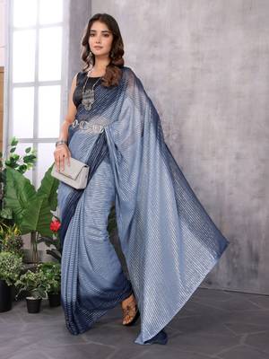 Blue designer zari weave ready to wear saree with contrast blouse piece 4
