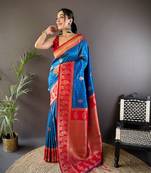 Blue soft banarasi silk saree with zari weaving and contrast blouse piece