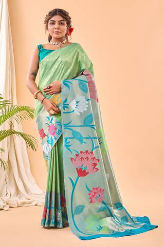 Pista Paithani style zari weaving silk bland Floral pallu saree with Blouse