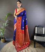 Navy blue soft banarasi silk saree with zari weaving and contrast blouse piece