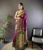 Purple soft banarasi silk saree with zari weaving and contrast blouse piece