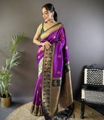 Violet soft banarasi silk saree with zari weaving and contrast blouse piece