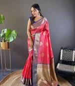 Red banarasi silk saree with weaving gold zari and contrast blouse piece