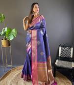 Blue banarasi silk saree with weaving gold zari and contrast blouse piece