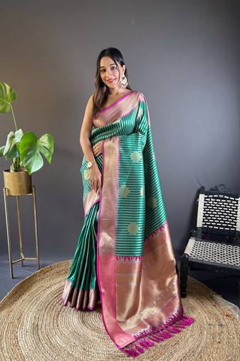 Green banarasi silk saree with weaving gold zari and contrast blouse piece
