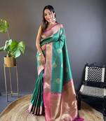 Green banarasi silk saree with weaving gold zari and contrast blouse piece