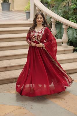 Maroon georgette sequins embroidered flaried designer gown with dupatta 1