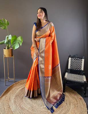 Orange banarasi silk saree with weaving gold zari and contrast blouse piece 1