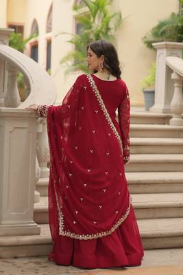Maroon georgette sequins embroidered flaried designer gown with dupatta 2