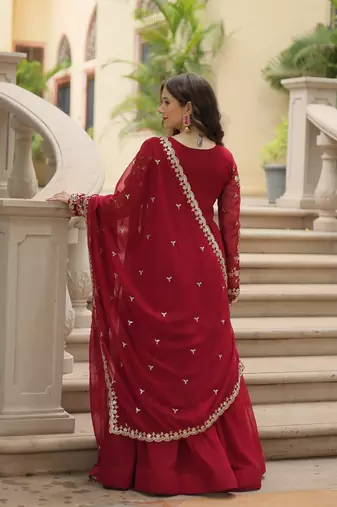 Maroon georgette sequins embroidered flaried designer gown with dupatta
