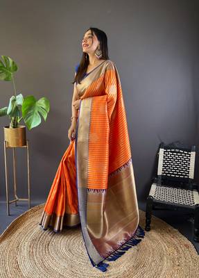 Orange banarasi silk saree with weaving gold zari and contrast blouse piece 2