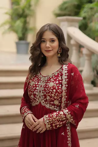 Maroon georgette sequins embroidered flaried designer gown with dupatta