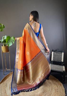 Orange banarasi silk saree with weaving gold zari and contrast blouse piece 3