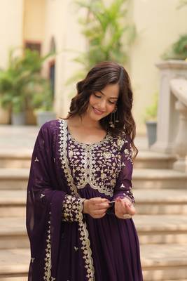 Wine georgette sequins embroidered flaried designer gown with dupatta 2
