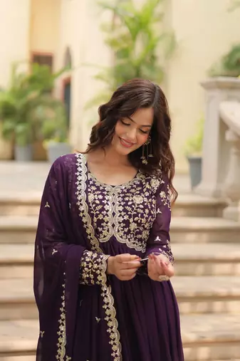 Wine georgette sequins embroidered flaried designer gown with dupatta