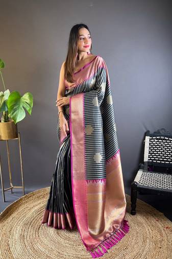 Black banarasi silk saree with weaving gold zari and contrast blouse piece