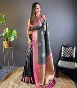 Black banarasi silk saree with weaving gold zari and contrast blouse piece