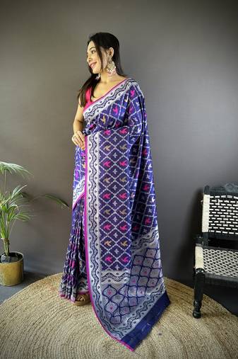 Blue pure lichi soft silk saree with gold zari weaving and contrast blouse